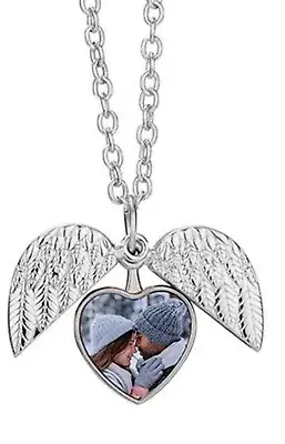 Personalised Own Photo Metal Angel Wings Heart Necklace Locket Gift • £11.99