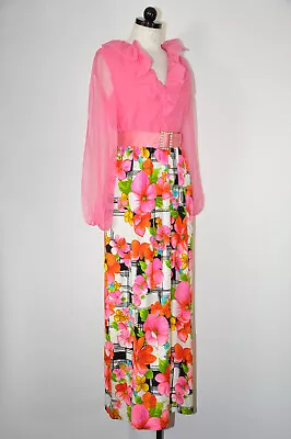 Vtg 1960s Pink Bright Floral Sheer Sleeves Ruffles Maxi Dress Evening Gown S • $264.99