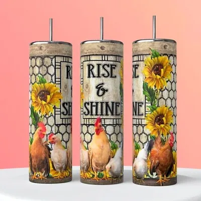 Rise And Shine Chickens Sunflowers On A 20 Ounce Insulated Coffee Cup • $26