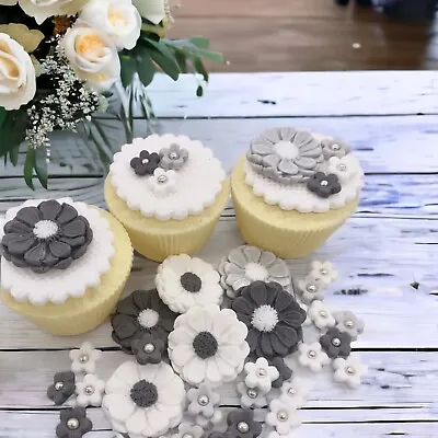 60 Grey White & Silver Edible Fondant Flowers Cake Toppers Decorations Wedding • £8.99