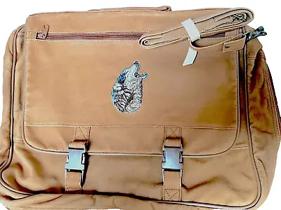 Travel Bag Executive Laptop Carrier Tan Leather Embroidered Wolf Made In The USA • £39.99