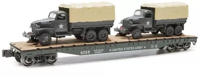 O Gauge Flat Car - U.S. ARMY FLAT CAR W/2 ARMY TRUCKS - New Item - Free Shipping • $54.99