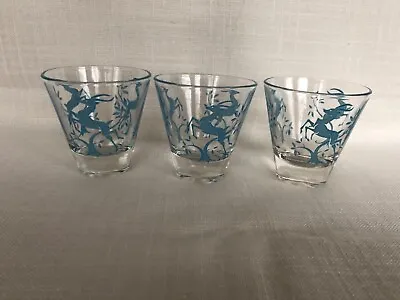3 Vintage MCM Turquoise Blue Leaping Gazelle On The Rocks Barware Glasses • $12.99