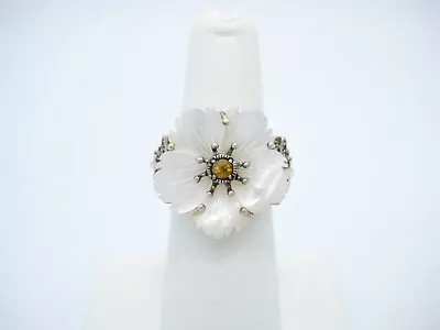 CNA Sterling Silver Carved Mother Of Pearl Citrine Flower 18.5mm Ring Size 6 • $22.49