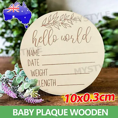 Hello World Birth Announcement Plaque Wooden Disc New Baby Details Welcome Sign • $4.85