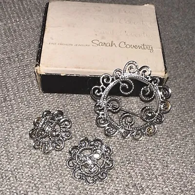 VINTAGE PIN/BROOCH/CLIP EARRING SET~SARAH COVENTRY~SILVER FILIGREE W Box • $12.50