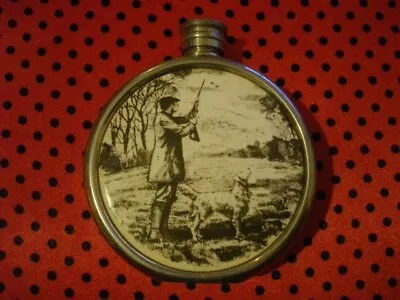 £20 • Buy Vintage English Pewter Sheffield Round Hip Flask Ceramic Hunting Scene Front 6oz
