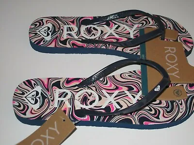 ROXY Women's Melon III Navy Blue Pink Swirl Logo Flip Flops Sandals 7/8/9 • $19.90