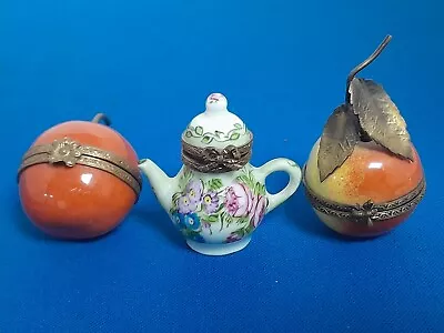 Limoges France Hand Painted Hinged Trinket Box -CherryApple & Teapot • £30