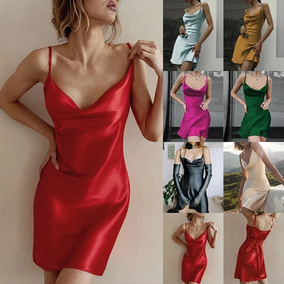 $18.69 • Buy Sexy Womens Satin Silk Midi Dress Bodycon Ladies V Neck Cocktail Party Dress US