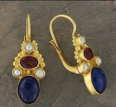 Museum Earrings 18K Gold Filled Chunky Dangle Faux Pearl Blue Ruby Lapis Lazuli • $26.87