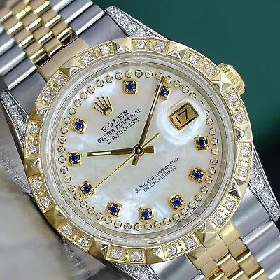 Rolex Mens Datejust Gold & Steel White Mop Diamond Dial Bezel Lugs 36mm Watch • $7995