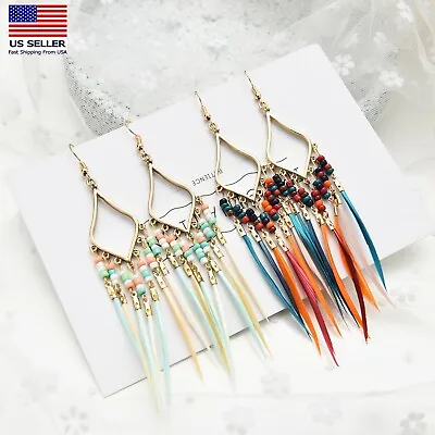 Fashion Women Jewelry Boho Tassel Earrings Beads Royal Feather Style Stud Hook • $5.99