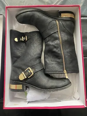 VINCE CAMUTO Winchell Black Silk Goat Boots Gold Buckle Harness • $49.99