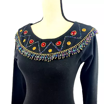 Vintage 80s 90s Bodysuit Leotard Black Jewels Sequins Beaded Long Sleeve Scoop • $13.97