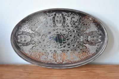 £25.95 • Buy Large Gallery Tray Vintage Viners Of Sheffield Alpha Plate Chased 45 X 28cm (3)