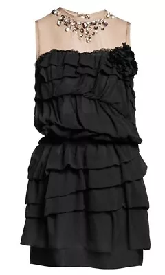 Lanvin H&m Rare Black Silk Chiffon Ruffle Party Mini Dress Uk 8 Us 4 Small Bnwt • $149.33