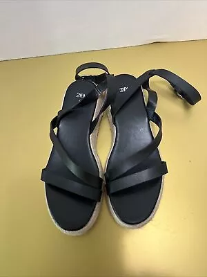 Zara Black Strappy Wedge  Woven Platform Sandals Jute 6.5/37 • $24.99