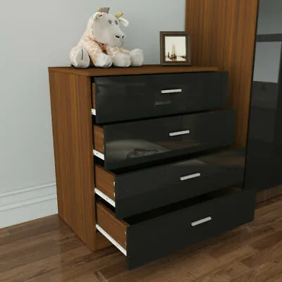 Chest Of 4 Drawers Walnut High Gloss Home Bedroom Furniture Set Storage Cabinet • £62.02