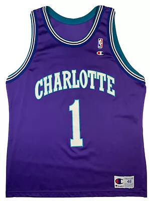 $90 • Buy Vintage 90s Champion Jersey Muggsy Bogues Charlotte Hornets 48 Purple USA
