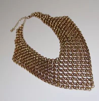 Chainmail Draped V Shape Bib Boho Necklace 17 In Gold Tone Metal Mesh Vtg • $34