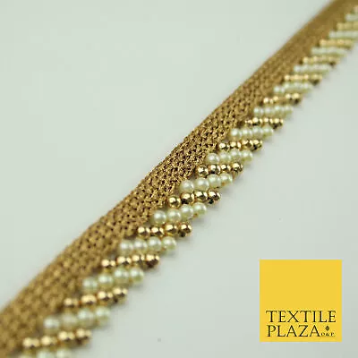 £3.50 • Buy Ivory Gold Pearl Honeycomb Striped Beaded Ribbon Trim Border Indian Lace X332