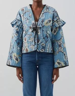 $395 Hannah Women's Blue Janaji Ruffled Printed Cotton Jacket Size 0 • $212.61