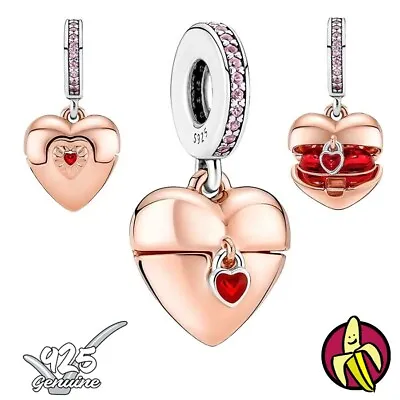 Hinged Padlock Heart Rose Gold S925 Bracelet Charm For 3mm Snake Chain • £9.99