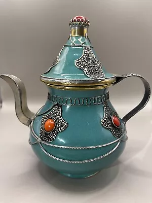 Turquoise MOROCCAN CERAMIC AND SILVER FILIGREE DECORATIVE TEA POT • $34.99