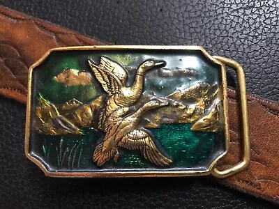 Vintage BTS Belt Buckle Solid Brass Flying Ducks Geese Dated 1978 Made In USA • $44.99