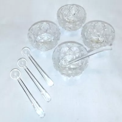 4- General Glass-Salt Cellars W/Spoons Diamond Pattern 1 1/2  Diam. Vtg. 70's • $20