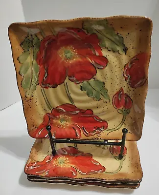 Maxcera 4 Poppy Splatter Hand Painted Square Lunch / Salad Plates Flawless • $38.95