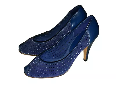 Vintage Sunmoc Leather Open Toe Heels Size 5M Blue Vented Pumps 3.5 Inch Heels • $19.99