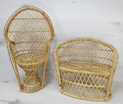 Peacock Wicker Doll Chair & Love Seat 16  Plant Stand Fan Back Rattan Vintage • $17.46