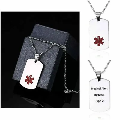 Diabetic Type 1 2 Medical Alert Necklace Stainless Steel Chain Curb Dog Tag • £12.99