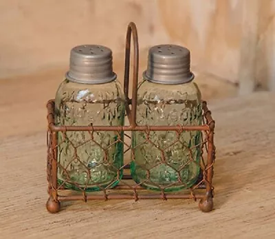 NEW FARMHOUSE MASON GLASS SALT PEPPER Shakers Chicken Wire Caddy 4.5 Hx4.25 W • $16.94