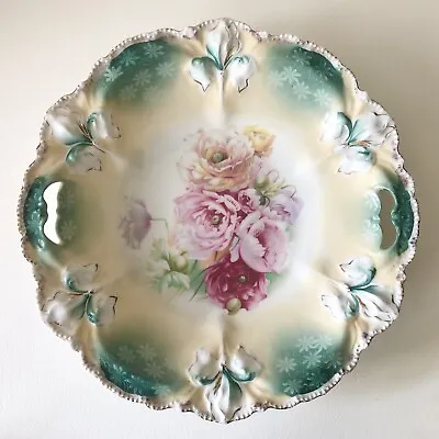 ANTIQUE RS Prussia PORCELAIN Large Shallow Serving Bowl IRIS Mold Pink Peony • $69.99