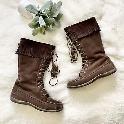 LL Bean Tall Brown Suede Mocassin Boots Size 7 Fringe Lace Up Boho Fall Winter • $58.49