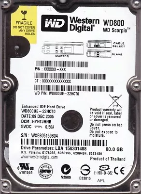 WD800UE-22HCT0 Dcm: HYHTJHNB S/n: WXE805 Thailand 2005 80GB IDE 2.5  HDD B21-29 • $86.97