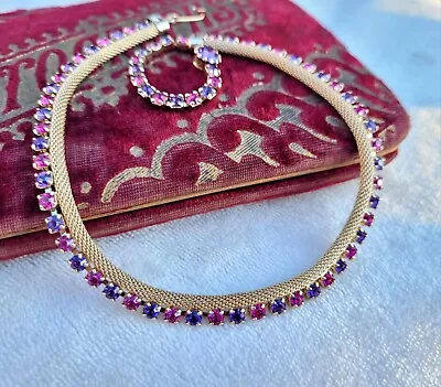 Vintage Weiss Pink & Purple Rhinestones Gold Tone Mesh Choker Necklace • $39.99