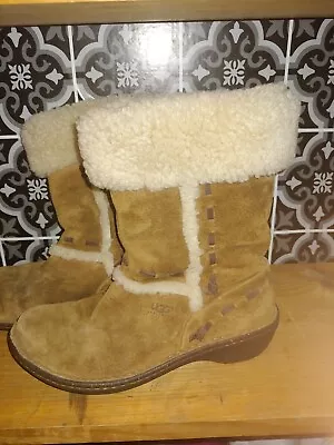 Ugg Elijo Chestnut Brown Suede Winter Boots Sz 5  #5674  Sheepskin Lining • $19