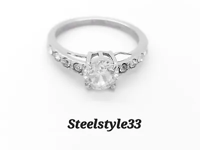 Ladies Silver Stainless Steel Cubic Zirconia Engagement Solitaire Ring 7mm • £7.99