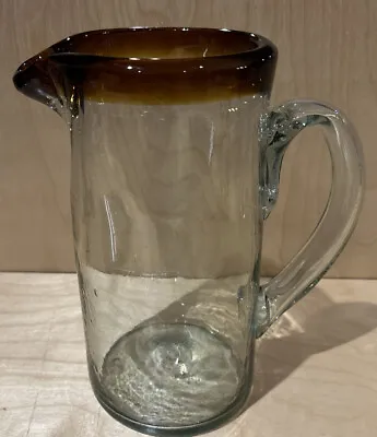 Mexican Hand Blown Glass Water Pitcher Brown Rim 10” Bubble Galss • $40