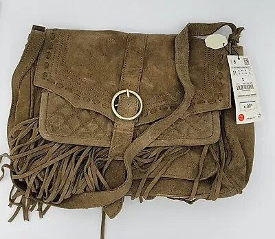 Zara Suede Leather Fringe Crossbody Shoulder Bag In Taupe Brown Color NWT! • £90.24