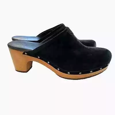 UGG Womens Size 9 Abbie Black Suede Clogs Mules Studded Wooden Heel Slip On • $26.99