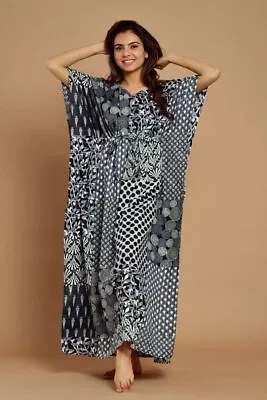 Anokhi Vintage Indian Block Print Cotton Kaftan Maxi Dress  Hippy Boho Caftan • $60.18