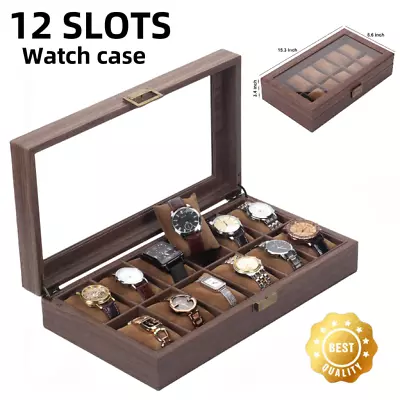 12 Slots Wooden Watch Box Jewelry Storage PU Leather Watch Organizer Gift • $37.89