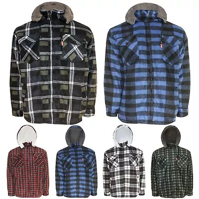 Hooded Sherpa Fleece Padded Lumberjack Shirt Jacket Fur Lined Winter Warm Work • £19.99