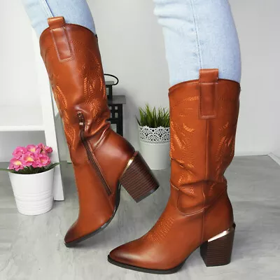 Cowboy Western Boots Mid Calf Zip Heel Faux Leather Pointy Womens • £26.95