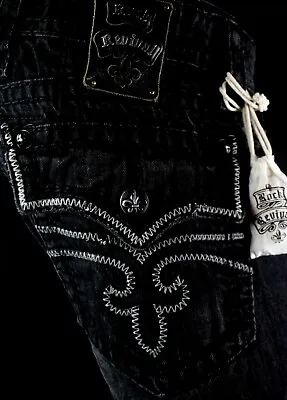 $220 Mens Rock Revival Jeans  Steven  Black Rope Leather Straight 36 X 30.5 • $99.99